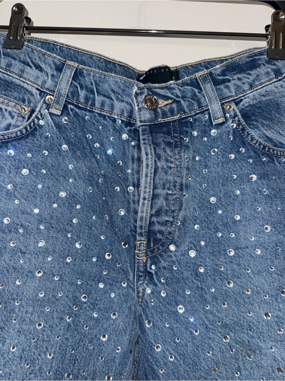 ASOS Blue Rhinestone-Studded Straight Leg Jeans - Picture 6 of 8